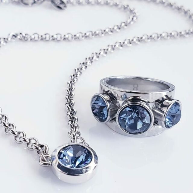 Our Ella Floating Necklace & Ring in Denim Blue - the perfect Designs for everyday wear or a Gift for someone special.  Necklace is 16" + 3" extension & Ring is available is size 6-0 no half size (our rings run a tad smaller due to our comfort fit) Tap the tags to shop online OR visit your local MYKA Retailer  #gradjewelry #bridesmaids #fashionandstyle #fashionjewelry #fashionover50 #giftsformom #jewelrylovers #Swarovski #mykadesigns #fashionaddict #necklaces #uniquejewelry #springjewelry #fashionaccessories #womensaccessories #Myka #mykajewellery #fashioninfluencer #necklacetrends #mothersdaygifts #MYKA #summeraccesories #modeschmuck #canadiandesigner #statementrings #rings #giftsforher #giftsforwife #giftsforgirlfriend #promjewelry